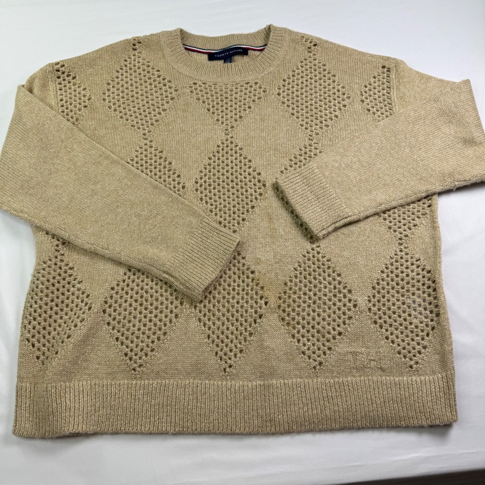 Tommy Hilfiger Womens Gold Metallic Pointelle Diamond Knit Sweater Large